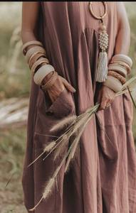 Wayan Boho Maxi robe avec poches fait à la main en coton naturel lin bohème fête Style produit en vrac - Product Image 2
