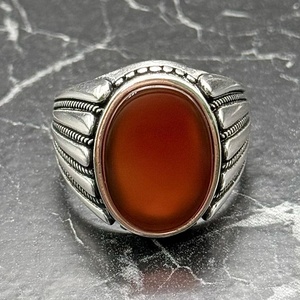 Ottoman Style Men's Sterling Silver <b>Ring</b> with Red Agate Handmade Masculine Turkish Jewelry Oval-shaped Carnelian <b>Statement</b> <b>Ring</b> - Product Image 2
