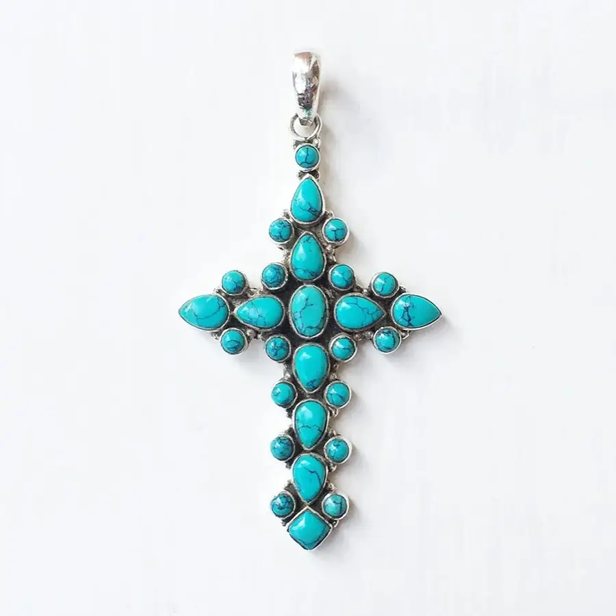 Silver Turquoise Cross Pendant Necklace Jewelry Nordic Viking Runes Blue Turquoise Pendant Norse Amulet Big Pendant