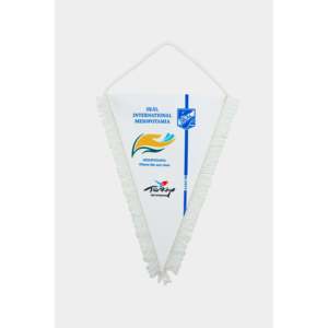 Premium Double Sided Crystal Satin Custom <b>Banner</b> Digital Printed Pennant with Triangle Cut White Fringes Portable and Elegant - Product Image 1