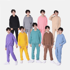 Ensemble de survêtement en molleton de coton unisexe pour enfants, sweat à capuche et jogging, couleur unie, impression de logo personnalisé, vêtements décontractés - Product Image 1