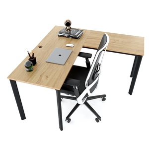 HBOV040 L-Shaped 140x140cm Plywood Wood Computer <b>Table</b> with Oval Iron <b>Legs</b> <b>Foldable</b> Design for Home or Hotel Office Use - Product Image 3