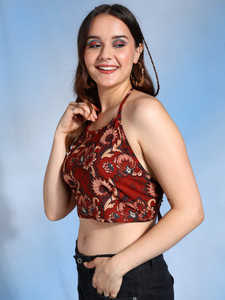 Chemise sans dos en coton à imprimé floral pour femmes, pour un usage décontracté, taille unique, couleur marron, col rond, confortable - Product Image 6