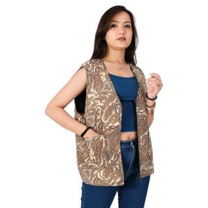 Chaqueta corta de seda crepé estilo bohemio Vintage de otoño abrigo Reversible estampado Kantha Stitch con diseño corto sin mangas - Product Image 2