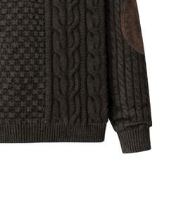 Customized <b>Mens</b> Mixed Texture <b>Cable</b> <b>Knit</b> Polo <b>Sweater</b> Long Sleeve Button Neck Winter Pullover With Elbow Patch In Dark Brown - Product Image 6
