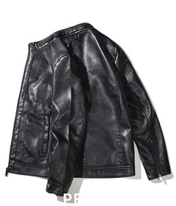 Chaqueta de cuero para motocicleta para hombre, diseño de cuello levantado para primavera y otoño, abrigo ajustado de piel de oveja a prueba de viento, negro sólido Biker J - Product Image 1