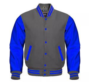 Premium hommes Letterman Baseball Varsity Bomber toile coupe-vent veste hiver à capuche laine bleu en cuir véritable manches collège - Product Image 1