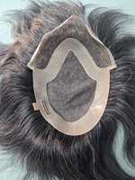 Taz Hair BD Fusion Perruque toupet en cheveux humains Remy à trame nouée à la main, base en dentelle frontale, couleur mixte 1B, patchs capillaires gris, prothèse capillaire