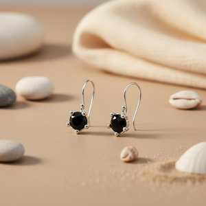 Boucles d'oreilles en argent 925 avec onyx noir, bijoux classiques religieux en pierres précieuses avec sertissage en bélière pour femmes, pour mariage, anniversaire, fête - Product Image 2