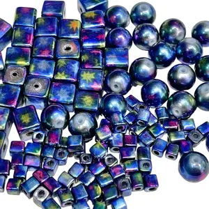 Blue Iridescent 10mm Round 8mm Square 4mm Square Glass Beads Loose <b>Crystal</b> Beads for <b>Jewelry</b> Making Craft Supply - Product Image 4