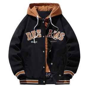 Men's Black Varsity Jacket With Panther Embroidery And Letter F <b>Logo</b> Preppy Style Regular Fit Autumn Wear - Product Image 3