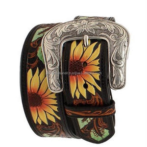 Conception de tournesol en cuir pleine fleur usiné et outillage à la main ceinture en cuir occidental avec boucle florale solide nickelée - Product Image 1