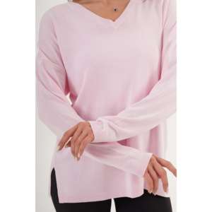 Suéter Casual Rosa de Punto al por Mayor con Cuello en V y Aberturas Laterales - Product Image 1