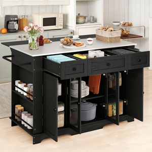 Juego de mesa de comedor plegable multifuncional con Isla de cocina móvil de acero inoxidable Charlien, armario de almacenamiento de madera, cocina de madera - Product Image 4