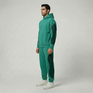 Ensemble de survêtement pour homme vert foncé avec panneaux latéraux, sweat à capuche et pantalon de jogging à revers, vêtements de sport d'hiver - Product Image 4