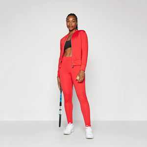 Vêtements de fitness unis de couleur unie pour femmes, survêtements, ensemble 2 pièces à capuche et pantalon à fermeture éclair à bas prix et coupe ajustée - Product Image 1