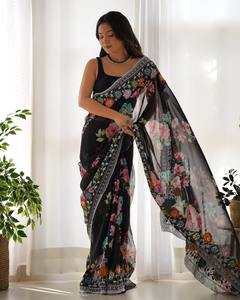 Indian Bollywood Designer Latest Trendy Heavy Black Georgette Sexy <b>Fabric</b> Embroidery Sari Blouse Beautiful Elegant Party Wear - Product Image 4
