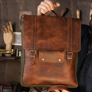 Unisex LCB-0071 Handmade <b>Leather</b> <b>Laptop</b> <b>Backpack</b> Genuine Full Grain Waxed Canvas Vintage Style Personalized Travel Shoulder - Product Image 1