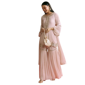 All'ingrosso Baby Pink Georgette Kurta Sharara vestito con Moti lavoro e devo pizzo per la festa di nozze e su ordinazione di ordini etnici - Product Image 2