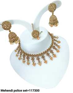 Nuevo diseño chapado en oro tradicional gota perla y Kundan tachonado Jumkha pendiente Mangtika gargantilla collar conjunto y conjunto de joyería mujeres - Product Image 4