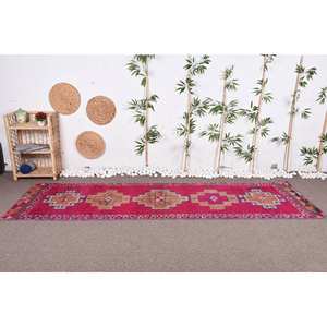 Alfombra de lana rosa roja de estilo bohemio étnico, 2,8x9,8 pies, patrón de rayas rectangulares, respaldo de látex, juegos de alfombras de cabecera para vivir - Product Image 2