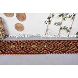 Alfombra Kilim Turca Vintage de 2.5x11.5 pies, Alfombra Roja de Patchwork de Lana - Product Image 3