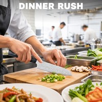 Santoku koksmes restaurant professionele keukenlijn voorbereidingswerk vlees groente scherp snijgereedschap station dagelijks gebruik