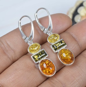 925 Solid <b>Sterling</b> <b>Silver</b> Natural Baltic Amber Multi Gemstone Elegant Long Russian Lock <b>Earring</b> - Product Image 3