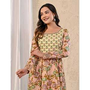 Vestido Anarkali de Algodón Estampado Peach Jaal, Elegante, con Cuello Cuadrado, Estilo Imperio, 100% Algodón, para Bodas y Fiestas, Talla 5XL, Largo hasta el Suelo/Hasta la Rodilla - Product Image 1
