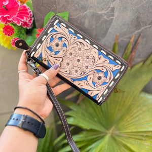 Étui de téléphone pochette en cuir sculpté à la main multi-usage portefeuille été étanche fermeture à glissière couleur bleue concepteur de femmes - Product Image 1