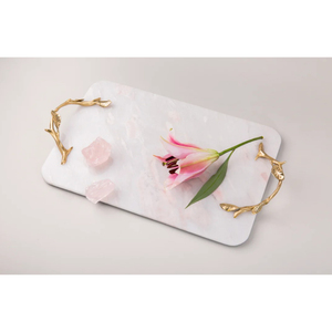 Plateau de service moderne de luxe en marbre blanc avec poignées de fleurs de cerisier doré Plateau à fromages pour la décoration intérieure - Product Image 5