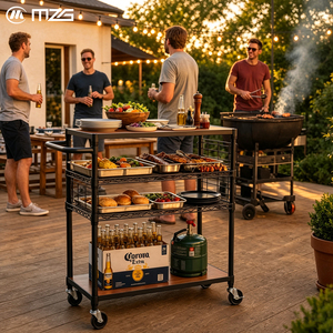 Table de travail de cuisine extérieure moderne MZG en métal à 3 niveaux, chariot de préparation robuste pour barbecue, chariot de service roulant avec roues - Product Image 1