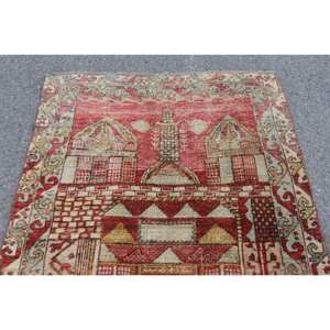 Alfombra turca vintage 3,7x4,8 pies rojo Beige lana hecha a mano Patchwork diseño abstracto látex de 10mm de espesor para adolescentes de entrada - Product Image 5