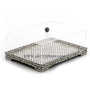 Set of 2 Green Mother of Pearl Work Table Top Chocolate and <b>Cake</b> Server Platter <b>With</b> Acrylic <b>Lid</b> and MOP Knob Display <b>Cake</b> <b>Stand</b> - Product Image 3