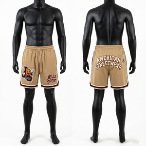 Premium 240 GSM Polyester Mesh Basketball <b>Shorts</b> Beige Contrast Hem Embroidery Chenille <b>Patch</b> Custom Logo <b>men's</b> <b>shorts</b> - Product Image 1