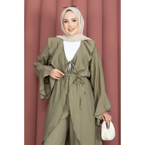 Conjunto Casual de Pantalones Kimono Color Caqui con Cinturón con Volantes, Nuevo Conjunto de Dos Piezas con Estampado de Leopardo en Crepé para Verano o Otoño, Talla XS - Product Image 2