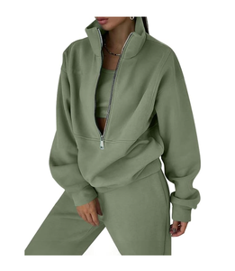 Conjunto de chándal de invierno personalizado de alta calidad para mujer, pantalones de chándal de lana con media cremallera, Sudadera con capucha, media cremallera para mujer - Product Image 6