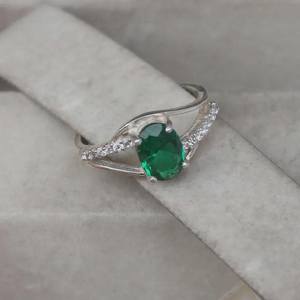 Emerald Gemstone 925 Sterling <b>Silver</b> Engagement Ring Oval Cut May Birthstone Jewelry Gift For Women - Product Image 1