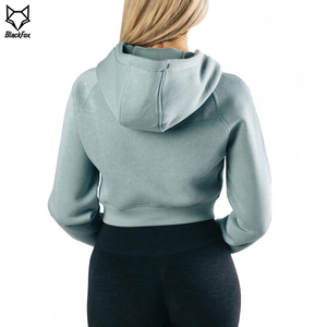 Sweat-shirt à capuche court bleu clair pour femme, manches longues, couleur unie, tricoté, respirant, pour l'automne - Product Image 3