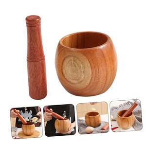 2pcs Garlic <b>Jar</b> Guacamole Mortar Pugging Pot Kitchen Mortar Wood Pestle Bowl Ceramic Tools Spices Garlic Smasher Garlic - Product Image 4