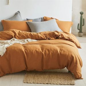 French Washed Flax Duvet Cover Rust Color Soft Breathable Cotton <b>Bedding</b> Button Closure Solid Natural Farmhouse Style Home Hotel - Product Image 1