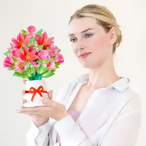 Hadiah Hari Valentine 3D buket Lili kartu Pop-Up dengan permukaan timbul Model cetak Offset HP0008 dari produsen Vietnam