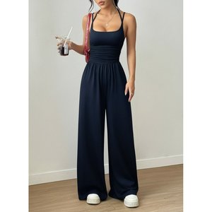 Combinaison longue en viscose à bretelles et col rond pour femme, 31073 - Bleu marine - Product Image 2