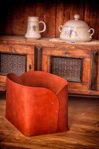 Vintage Firewood Carrier Real Cow Hide Leather Firewood <b>Storage</b> Handmade Best <b>Wooden</b> Carrier Bag LLR-0050 - Product Image 5