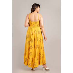 SHKUP1363 Vestido Maxi Elegante con Estampado Floral Color Mostaza, Sin Mangas, Corte Evase, para Verano y Playa, Natural, Transpirable - Product Image 4