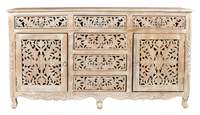 Buffet rustique en teck massif sculpté à la main, écologique, durable, design floral, sablé, meuble vintage pour chambre à coucher