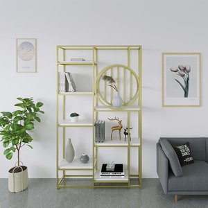 KTB68097 Geometric Shape Modern Pattern Decorative Shelf with Iron Frame and Wooden Top for Living Room <b>Storage</b> - Product Image 2
