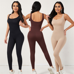 Women One Piece <b>Jumpsuit</b> Ribbed Knit <b>Bodycon</b> Long Leg Sleeveless Sportwear Slim Fit Yoga Workout Playsuit - Product Image 1