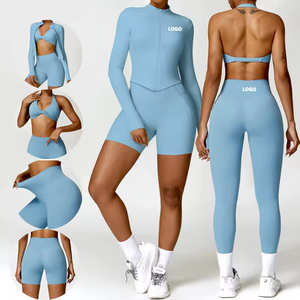 Free Custom Logo Women Sportswear 3 Piece Set Yoga Top <b>Jacket</b> Pants Leggings Sports Bra Scrunch Shorts Gym <b>Workout</b> Fitness Suits - Product Image 6