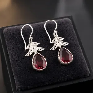 Women's 925 Sterling Silver <b>Garnet</b> Drop <b>Earrings</b> Classic Water Drop Bezel Set Dangle <b>Earrings</b> For Party - Product Image 2